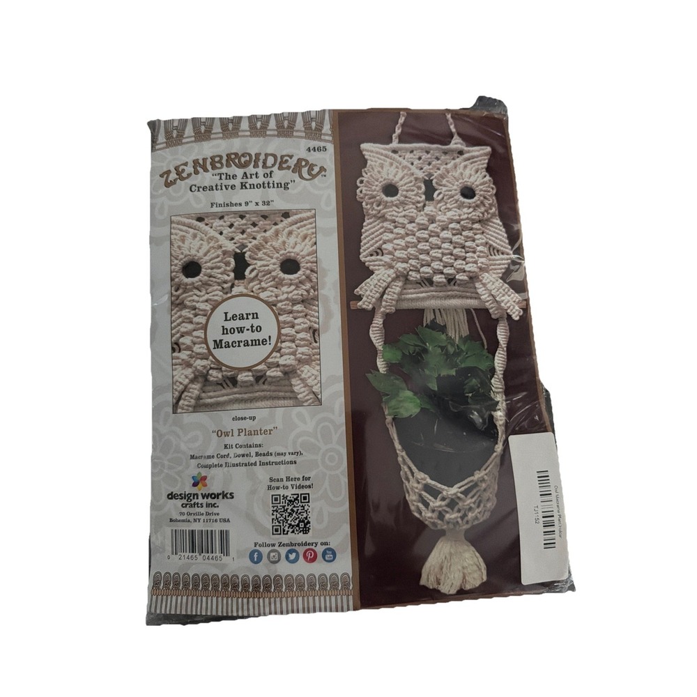 Design Works/Zenbroidery Macrame Wall Hanging Kit 9x32" Owl Planter NEW 70s Boho